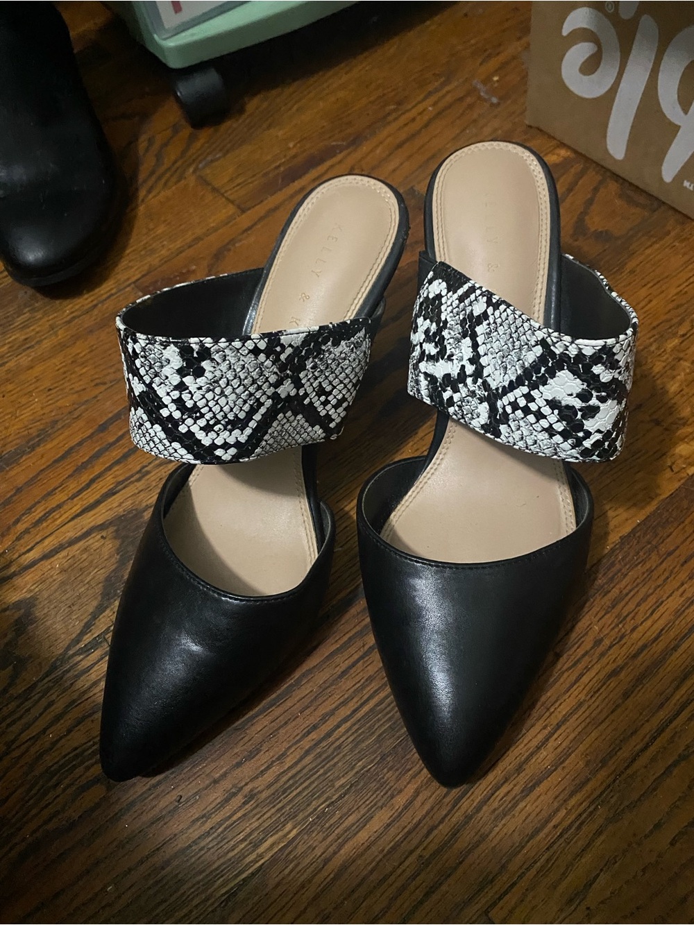 Kelly & Katie Black Pointed Mules with Black and White Snake-Print Strap